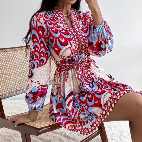 Boho Lantern Sleeve Mini Dress Office Work - Picture 5 of 5